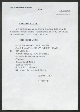 Assemblées générales et commissions de la Ligue de Longue Paume de Picardie