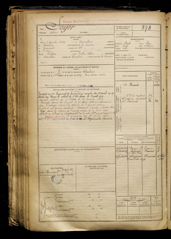 Soyer, Julien, né le 07 janvier 1899 à Assevillers (Somme), classe 1919, matricule n° 878, Bureau de recrutement de Péronne