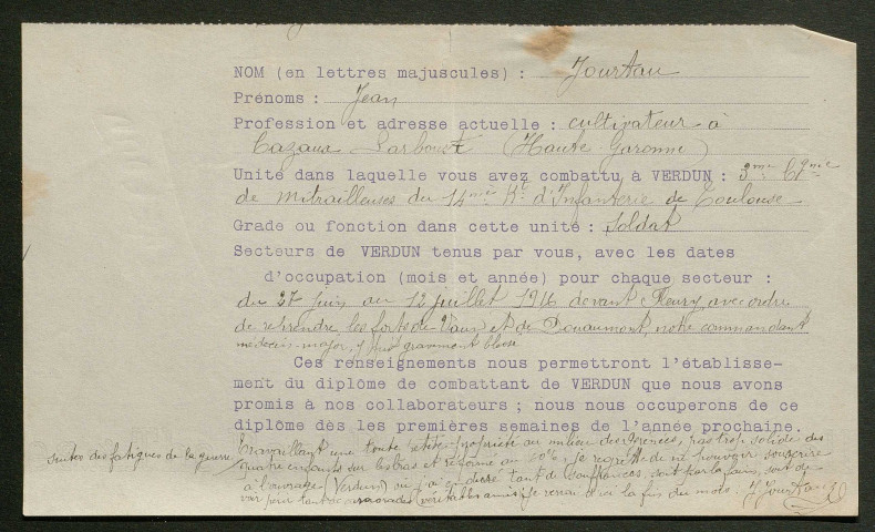 Témoignage de Jourtan, Jean et correspondance avec Jacques Péricard