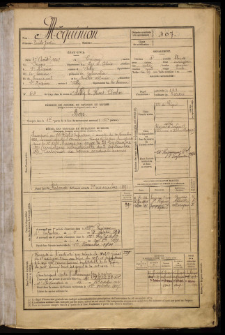 Méquinion, Emile Justin, né le 01 août 1867 à Créquy (Pas-de-Calais), classe 1887, matricule n° 407, Bureau de recrutement d'Abbeville
