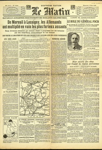 Première page du journal "Le Matin" du 31 mars 1918 : "Bataille acharnée sur un front de soixante kilomètres"