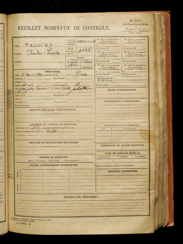 Meuniez, Charles Emile, né le 05 août 1892 à Miers (Lot), classe 1912, matricule n° 1145, Bureau de recrutement d'Abbeville
