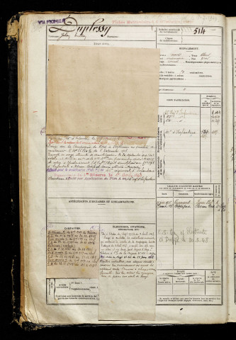 Duplessy, Julien Emilien, né le 30 novembre 1896 à Beaumont-Hamel (Somme), classe 1916, matricule n° 514, Bureau de recrutement de Péronne