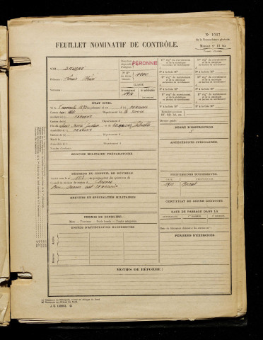 Daudré, Louis Henri, né le 08 novembre 1890 à Péronne (Somme), classe 1910, matricule n° 1100, Bureau de recrutement de Péronne