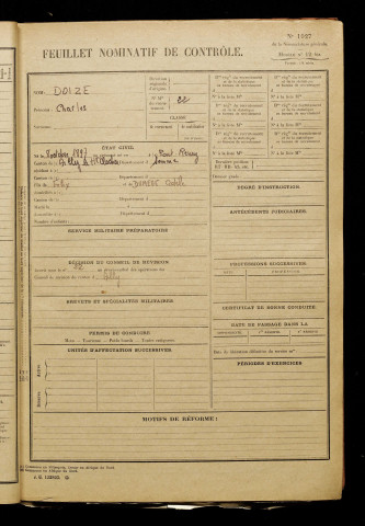 Doize, Charles, né le 08 octobre 1897 à Pont-Remy (Somme), classe 1917, matricule n° 22, Bureau de recrutement d'Abbeville