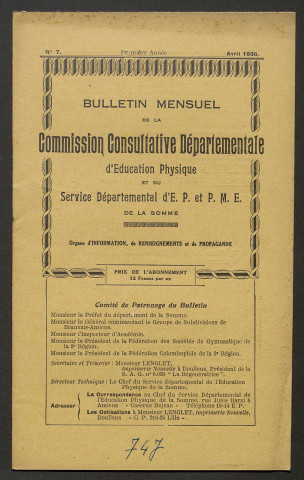 Bulletin mensuel de la Commission Consultative d'Education Physique et du Service Départemental d'Education Physique et Préparation Militaire Elémentaire de la Somme, numéro 7 (2e année)
