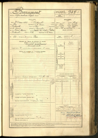 Beaumont, Alfred Ambroise Léopold, né le 03 février 1863 à Frettemolle (Somme, France), classe 1883, matricule n° 252, Bureau de recrutement d'Amiens