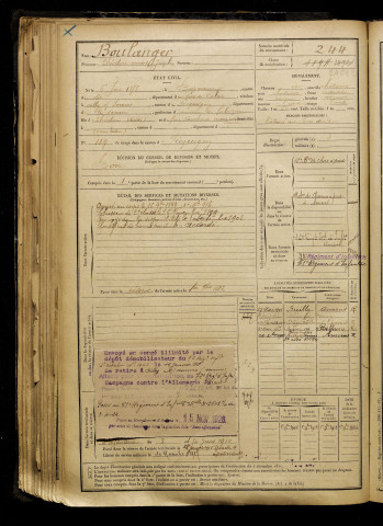 Boulanger, Théodore Armand Joseph, né le 06 juin 1878 à Bapaume (Pas-de-Calais), classe 1898, matricule n° 244, Bureau de recrutement d'Amiens