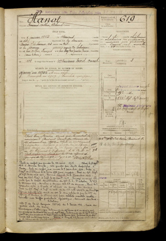 Hanot, Fernand Arthur Richard, né le 05 janvier 1884 à Amiens (Somme), classe 1904, matricule n° 619, Bureau de recrutement d'Amiens