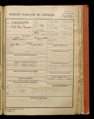 Magnier, Paul Henri François, né le 10 janvier 1892 à Quevauvillers (Somme), classe 1912, matricule n° 657, Bureau de recrutement d'Amiens