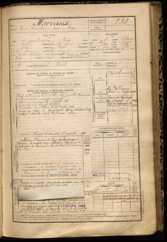 Moreaux, Eugène Maximilien, né le 14 décembre 1867 à Épehy (Somme), classe 1887, matricule n° 758, Bureau de recrutement de Péronne
