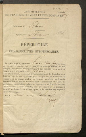 Répertoire des formalités hypothécaires, du 02/05/1845 au 26/11/1845, registre n° 136 (Péronne)