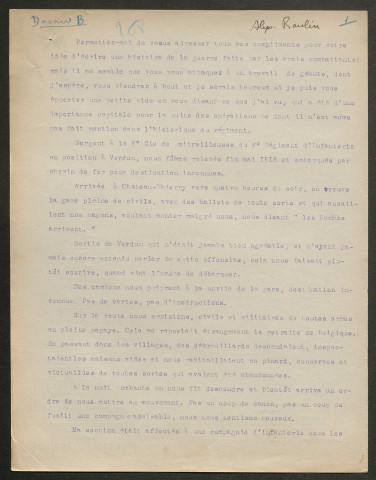 Témoignage de Raulin, Alexandre (Sergent mitrailleur) et correspondance avec Jacques Péricard