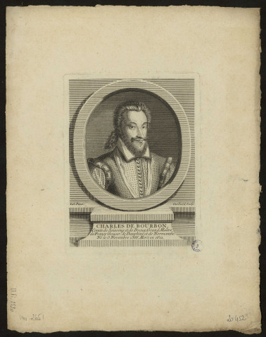 Charles de Bourbon, Comte de Soissons et de Dreux Grand maître de France gouverneur de Dauphiné et de Normandie, né le 3 Novembre 1566, mort en 1612