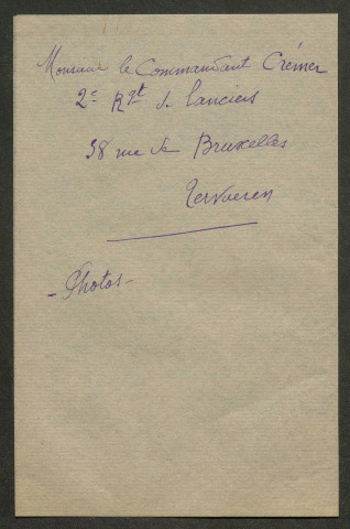 Témoignage de Crémer (Commandant) et correspondance avec Jacques Péricard