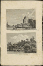 1ère : Vue de la Tour de la Belle Gabrielle à Ermennonville dans le Comté de Senlis. 2ème : Vue du Désert d'Ermenonville avec la cabane de J.J. Rousseau dans le Comté de Senlis