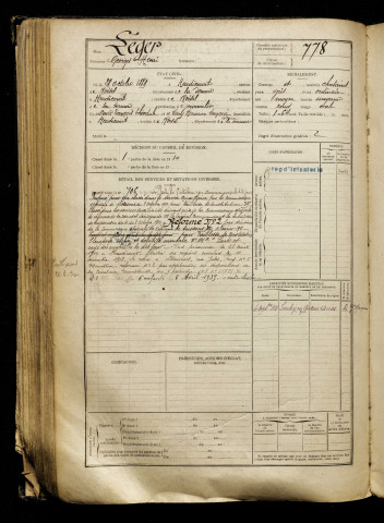 Léger, Georges Henri, né le 28 octobre 1889 à Heudicourt (Somme), classe 1909, matricule n° 778, Bureau de recrutement de Péronne