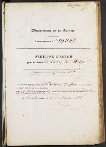 Maison de correction dite Bicêtre à Amiens. Registre d'écrou : numéros 3093 à 4655. 29 décembre 1838 - 17 décembre 1839