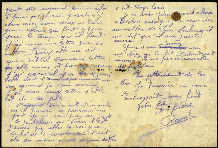 Lettre adressée par le soldat Raoul Verhaeghe à ses parents à Boves