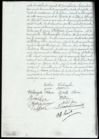 Copie de l'acte de mariage de Louis Eugène dit Cyrille Peltier et d'Eveline Marie Verhaeghe