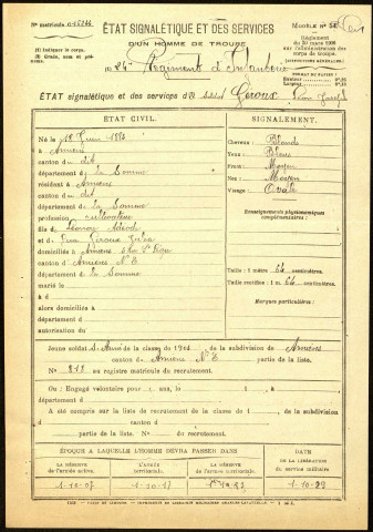 Géroux, Léon Joseph, né le 18 juin 1883 au Amiens (Somme), classe 1903, matricule n° 818, Bureau de recrutement de Amiens