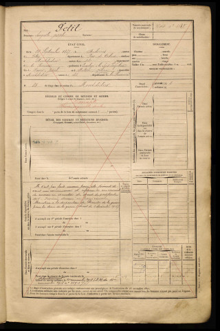 Petit, Auguste Joseph, né le 26 septembre 1867 à Brebières (Pas-de-Calais), classe 1887, matricule n° 60 ( ajourné), Bureau de recrutement de Péronne