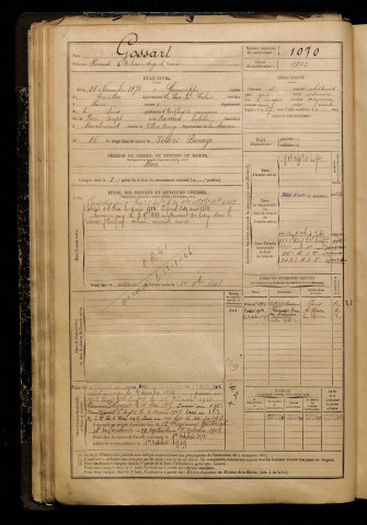 Gossart, Renaud Bélisaire Auguste, né le 28 novembre 1872 à Guémappe (Pas-de-Calais), classe 1892, matricule n° 1070, Bureau de recrutement d'Amiens