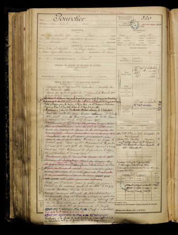 Pourcher, Louis Auguste, né le 16 octobre 1880 à Paris 20e Arrondissement (Paris), classe 1900, matricule n° 320, Bureau de recrutement de Péronne