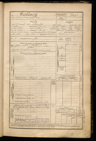 Tabary, Joseph Emmanuel, né le 24 décembre 1868 à Courcelette (Somme), classe 1888, matricule n° 1093, Bureau de recrutement de Péronne