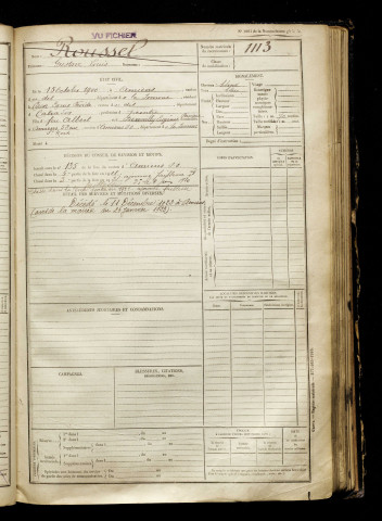 Roussel, Gustave Louis, né le 15 octobre 1900 à Amiens (Somme), classe 1920, matricule n° 1113, Bureau de recrutement d'Amiens