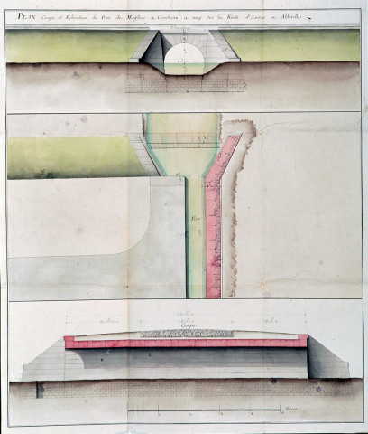 Plan coupe et élévation du pont de Mouflers à construire à neuf sur la route d'Amiens à Abbeville