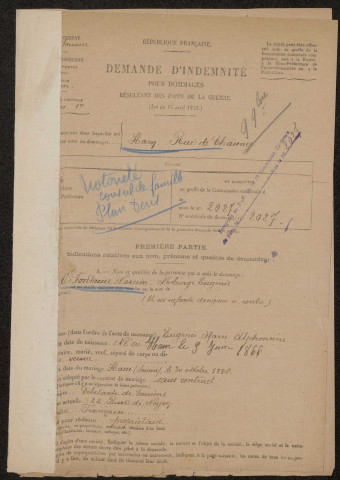 Ham. Demande d'indemnisation des dommages de guerre : dossier Fontaine-Lesage