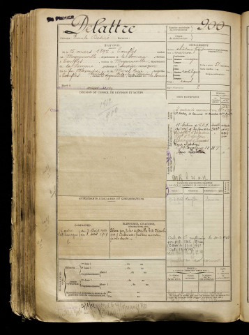 Delattre, Emile Désiré, né le 15 mars 1892 à Toeufles (Somme), classe 1912, matricule n° 900, Bureau de recrutement d'Abbeville