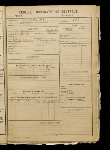 Delcourt, Bernard Alphonse, né le 12 février 1897 à Ponthoile (Somme), classe 1917, matricule n° 262, Bureau de recrutement d'Abbeville