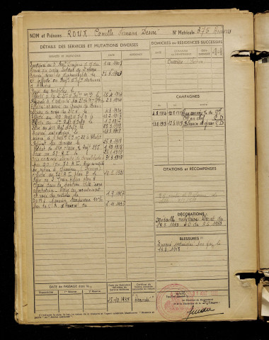 Roux, Camille Fernand Désiré, né le 11 juin 1886 à Querrieu (Somme), classe 1906, matricule n° 375, Bureau de recrutement d'Amiens