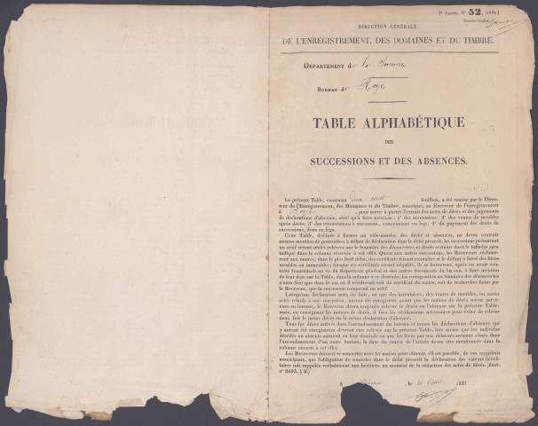 Table des successions et absences du bureau de Roye