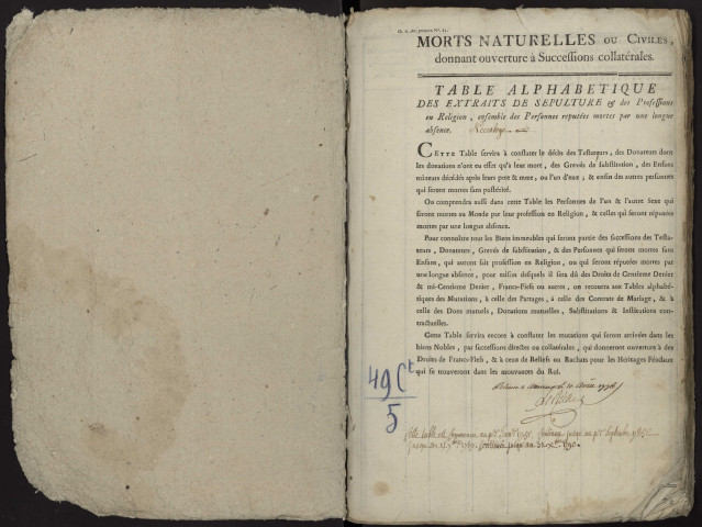 Table du bureau d'Ault pour la période de la période 1775-1793. Décès et extraits des sépulture