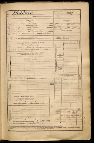 Lebrun, Célestin, né le 01 janvier 1869 à Valenciennes (Nord), classe 1889, matricule n° 567, Bureau de recrutement de Péronne