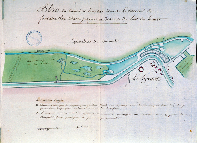 Plan du canal de Picardie depuis le terroir de Fontaine les Clercs jusques au dessous du pont du Hamel