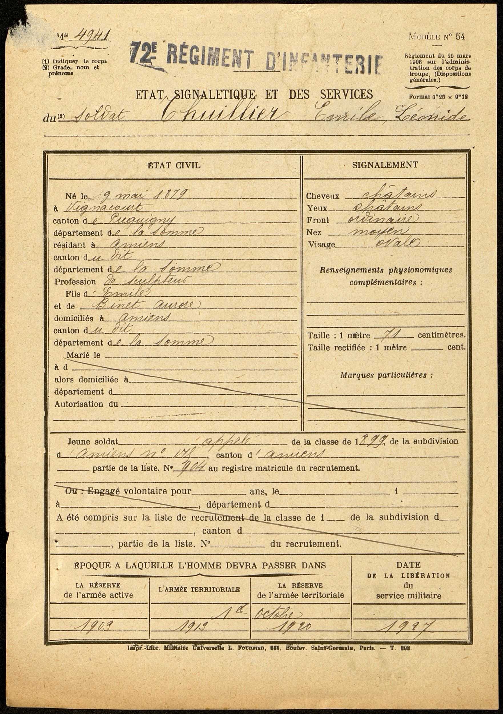 Thuillier, Emile Léonide, né le 09 mai 1879 à Vignacourt (Somme), classe 1899, matricule n° 904, Bureau de recrutement d'Amiens