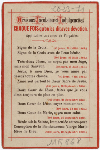 Ô mon Jésus Miséricorde (100 jours, 23 septembre 1846). Oraisons jaculatoires indulgenciées