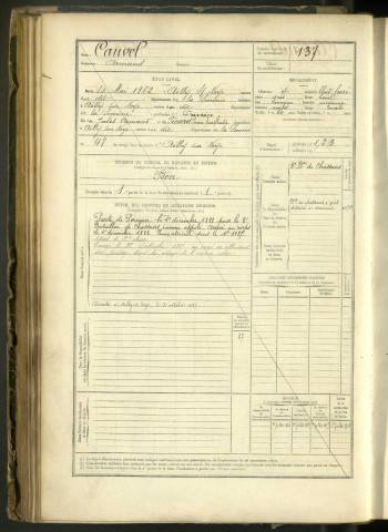 Cauvel, Armand , né le 10 mai 1862 à Ailly-sur-Noye (Somme, France), classe 1882, matricule n° 137, Bureau de recrutement de Péronne