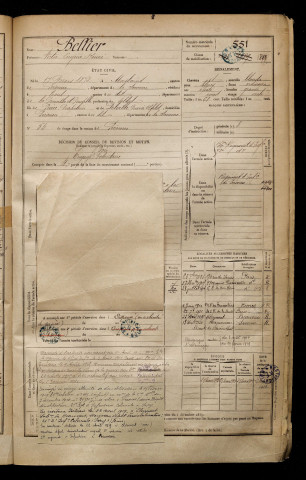 Bellier, Victor Eugène Henri, né le 17 mars 1872 à Moislains (Somme), classe 1892, matricule n° 551, Bureau de recrutement de Péronne