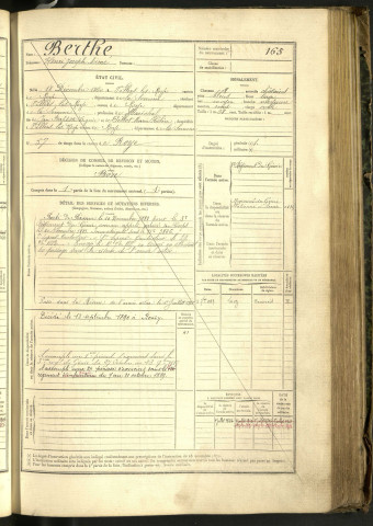 Berthe, Henri Joseph Aimé, né le 18 décembre 1860 à Villers-lès-Roye (Somme, France), classe 1880, matricule n° 165, Bureau de recrutement de Péronne