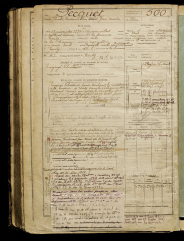 Pecquet, Charles Ferdinand Léon Désiré Jean Marie, né le 29 novembre 1884 à Quevauvillers (Somme), classe 1904, matricule n° 500, Bureau de recrutement d'Amiens