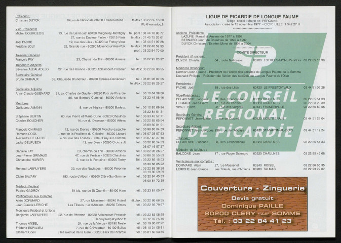 Opuscule (année 2006). Fédération française de Longue Paume : liste des sociétés, classement des joueurs et calendrier