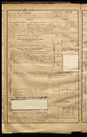 Dolé, Léon Marie Alexandre, né le 13 mai 1874 à Becquincourt (Somme), classe 1894, matricule n° 1028, Bureau de recrutement de Péronne