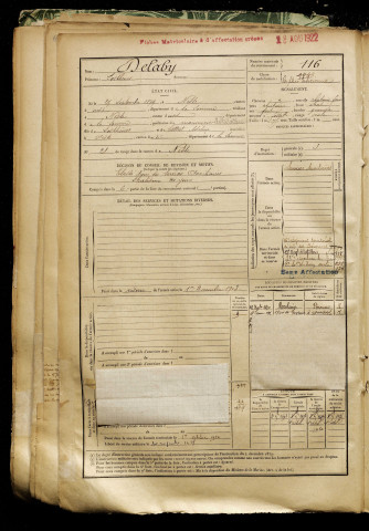 Delaby, Sosthène, né le 27 septembre 1879 à Nesle (Somme), classe 1899, matricule n° 116, Bureau de recrutement de Péronne