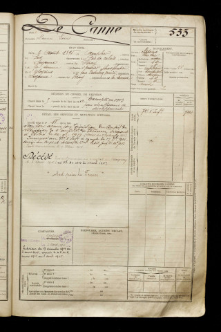 De Canne, Maurice Louis, né le 06 août 1891 à Amplier (Pas-de-Calais), classe 1911, matricule n° 533, Bureau de recrutement de Péronne