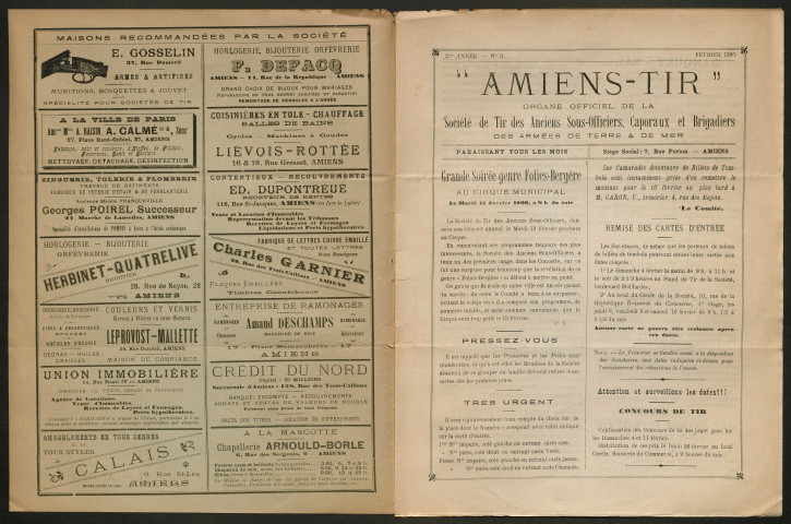 Amiens-tir, organe officiel de l'amicale des anciens sous-officiers, caporaux et soldats d'Amiens, numéro 3 (février 1906)